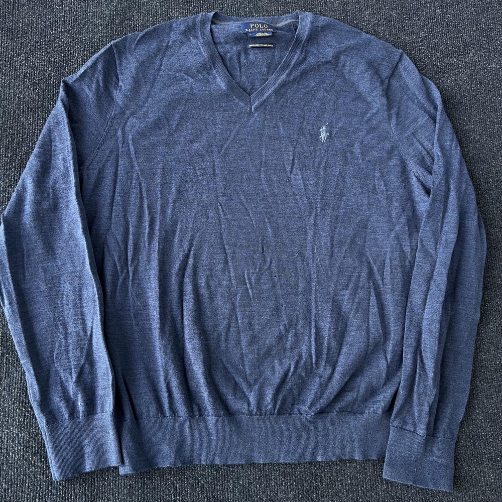 Polo Ralph Lauren Sweater Mens Medium‎ Blue Washable Merino Wool V-Neck Pony